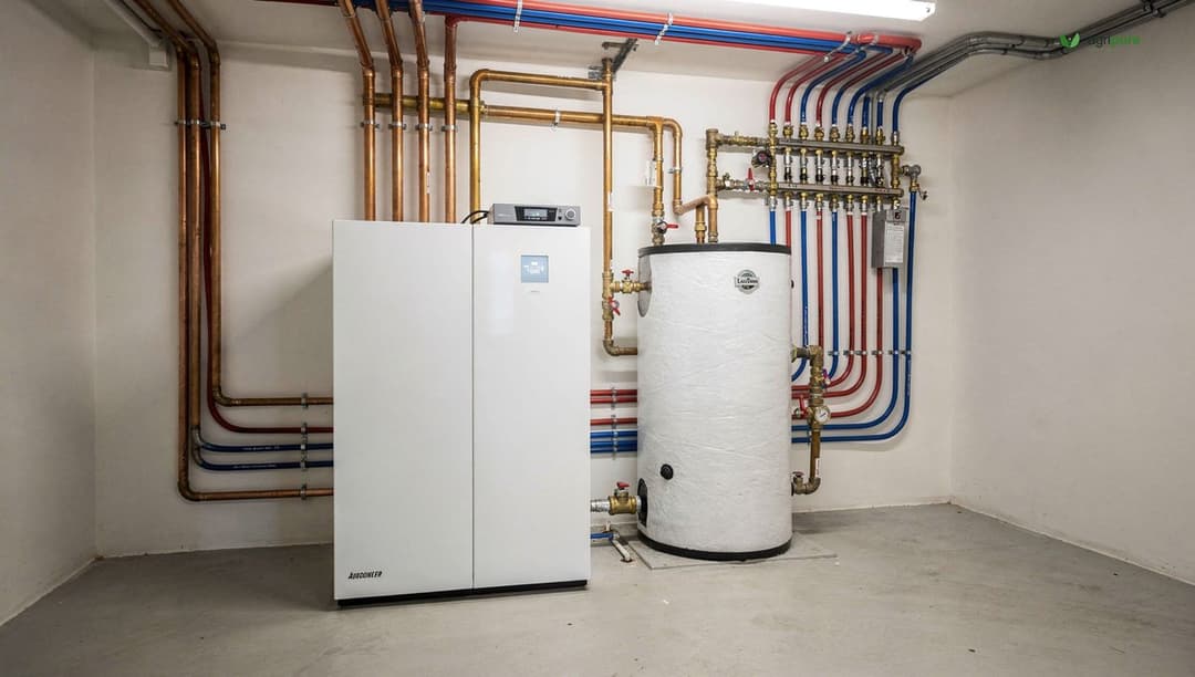 Indoor geothermal heat pump unit and water tank in a tidy residential mechanical room, with insulated supply pipes running to the ground loop, no people in frame.