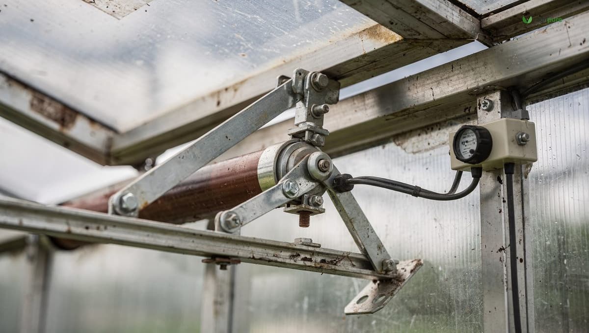 An automatic wax-cylinder vent opener mounted on a propped-open greenhouse roof vent, with a thermostat and sensor box on the frame nearby, no people