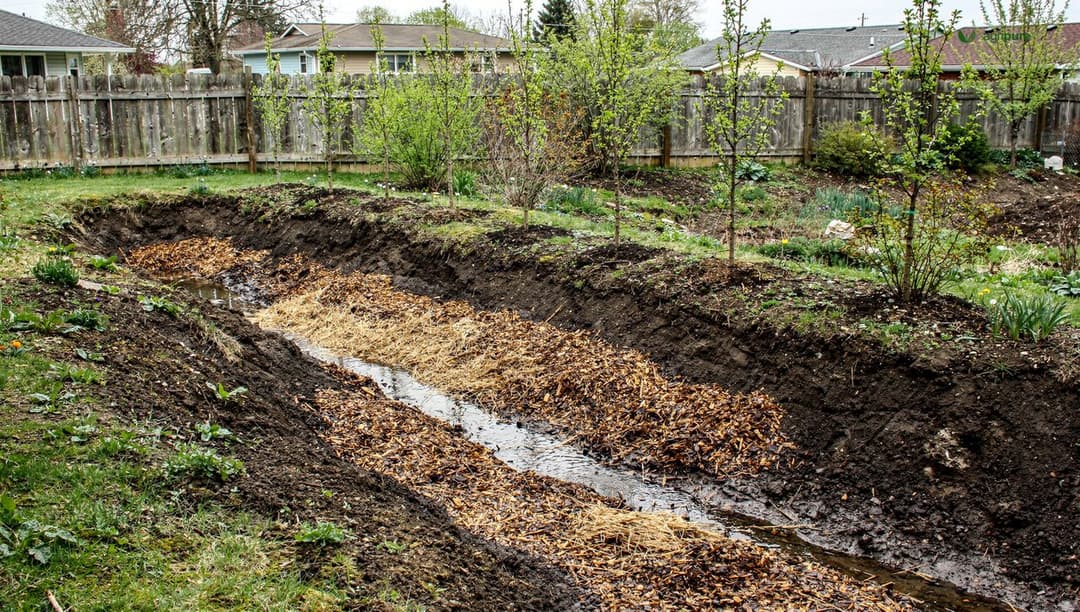 A mulched swale on contour in a backyard, holding rainwater beside a row of young fruit trees planted on the berm