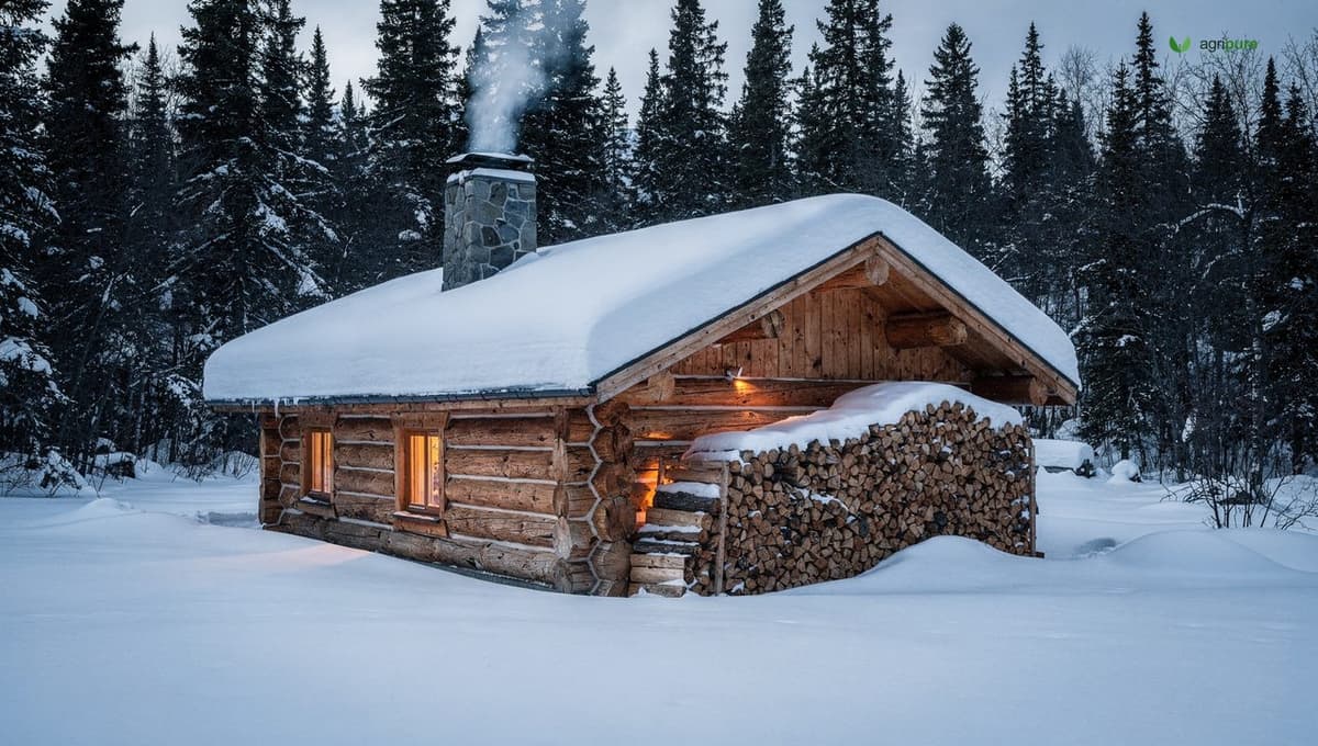 A snug Alaskan log cabin with a large woodpile and smoking chimney in deep winter snow, spruce forest around