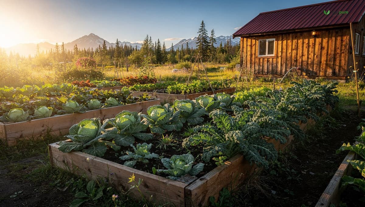 A lush Alaskan summer vegetable garden under a bright low sun, cabbages and greens growing fast beside a cabin