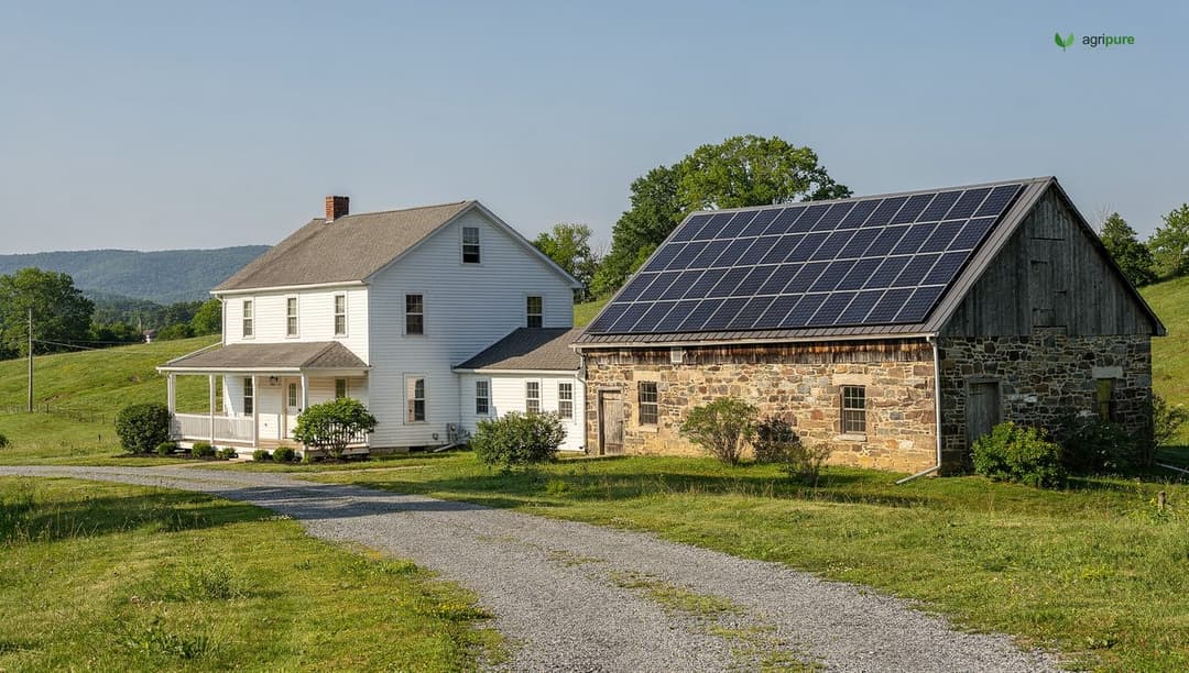 A rural Pennsylvania property with a farmhouse, a bank barn, and solar panels under a clear sky