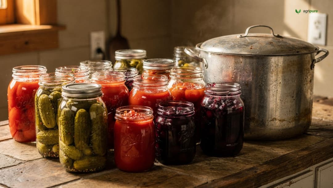 A homestead counter covered with jars of home-canned tomatoes, pickles, and jam beside a large canning pot