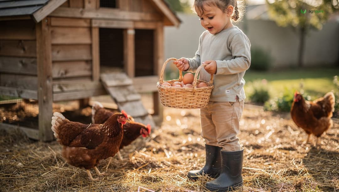 A young child in boots happily collecting eggs from a backyard chicken coop into a basket