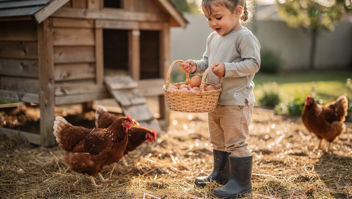 A young child in boots happily collecting eggs from a backyard chicken coop into a basket