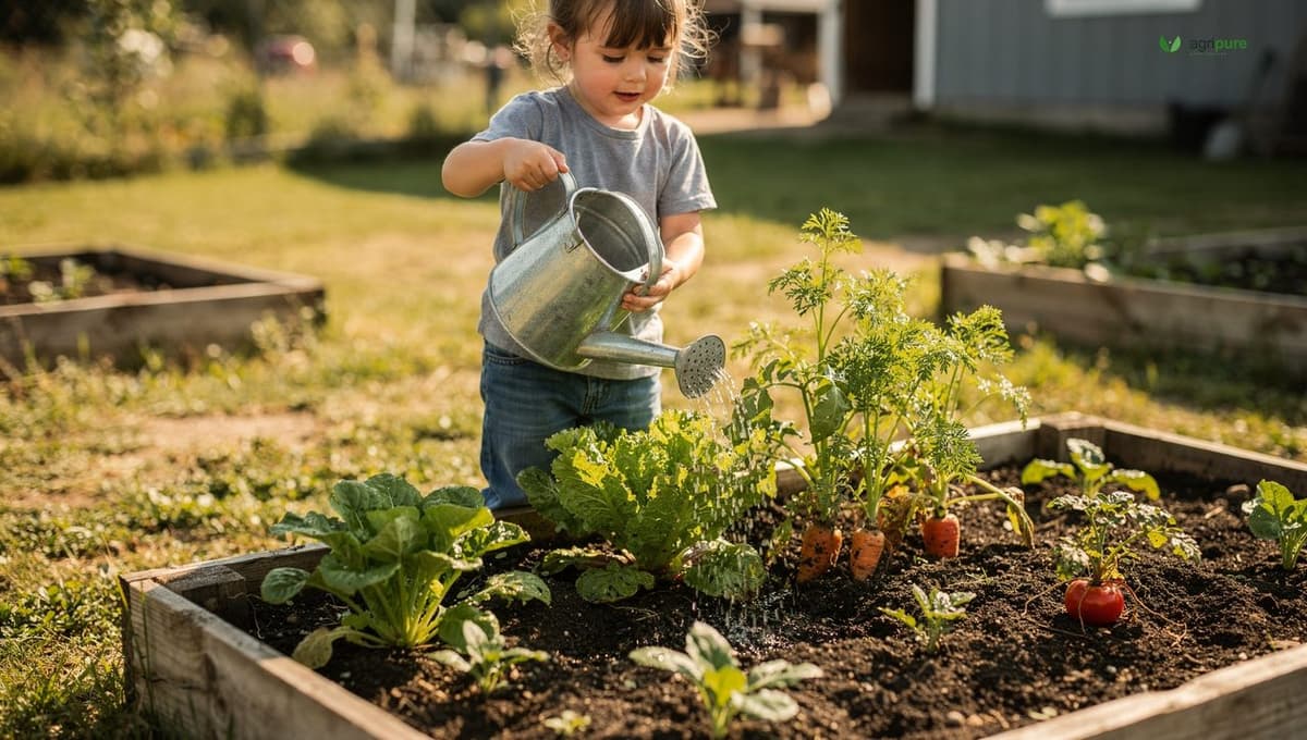 A child watering and tending their own small raised garden bed of vegetables on a family homestead