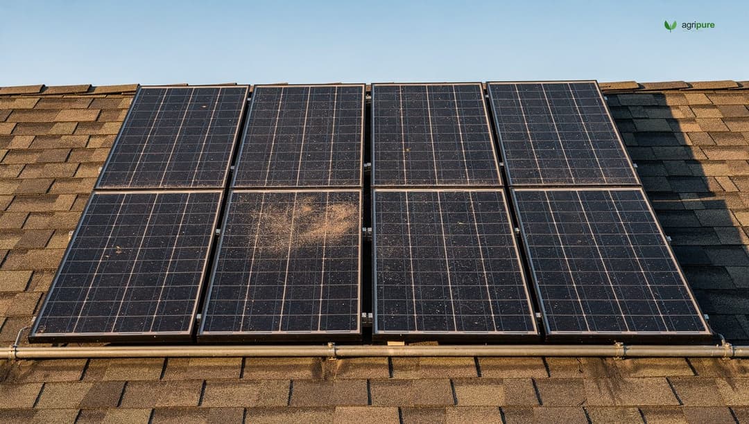 A mature residential rooftop solar array in afternoon light, twelve panels in two rows, conduit visible at the edge