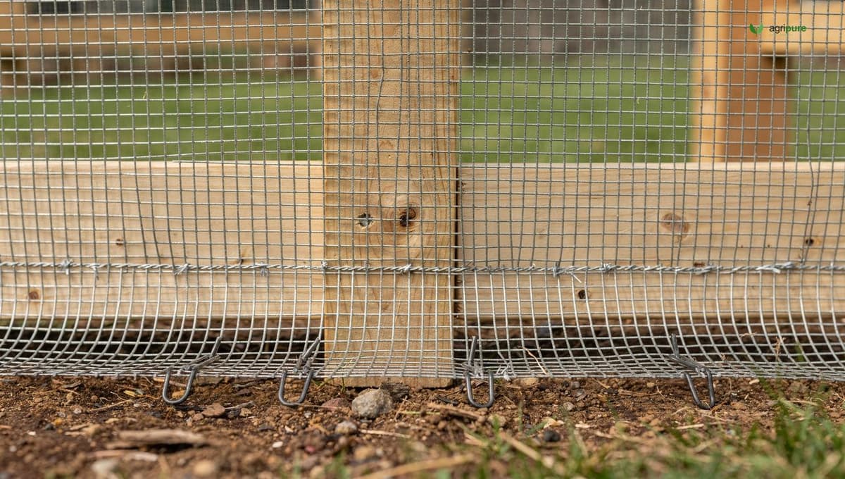 A close view of half-inch galvanized hardware cloth stapled over a chicken run frame with a wire skirt flared outward and buried at the base along the ground, no people
