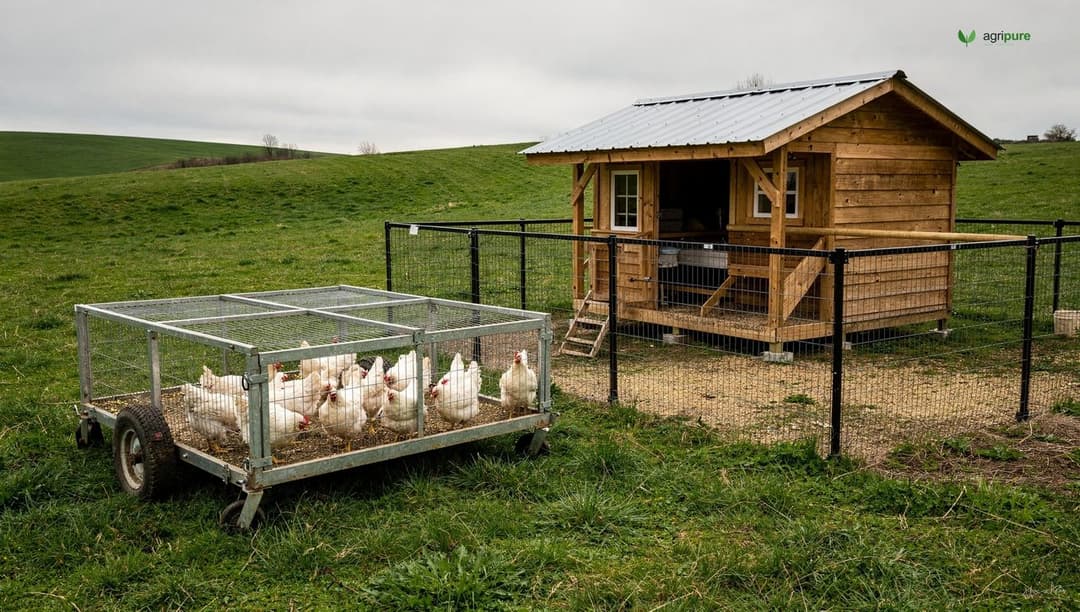 A mobile chicken tractor and a fixed coop with a fenced run holding broiler chickens on green pasture at a small farm
