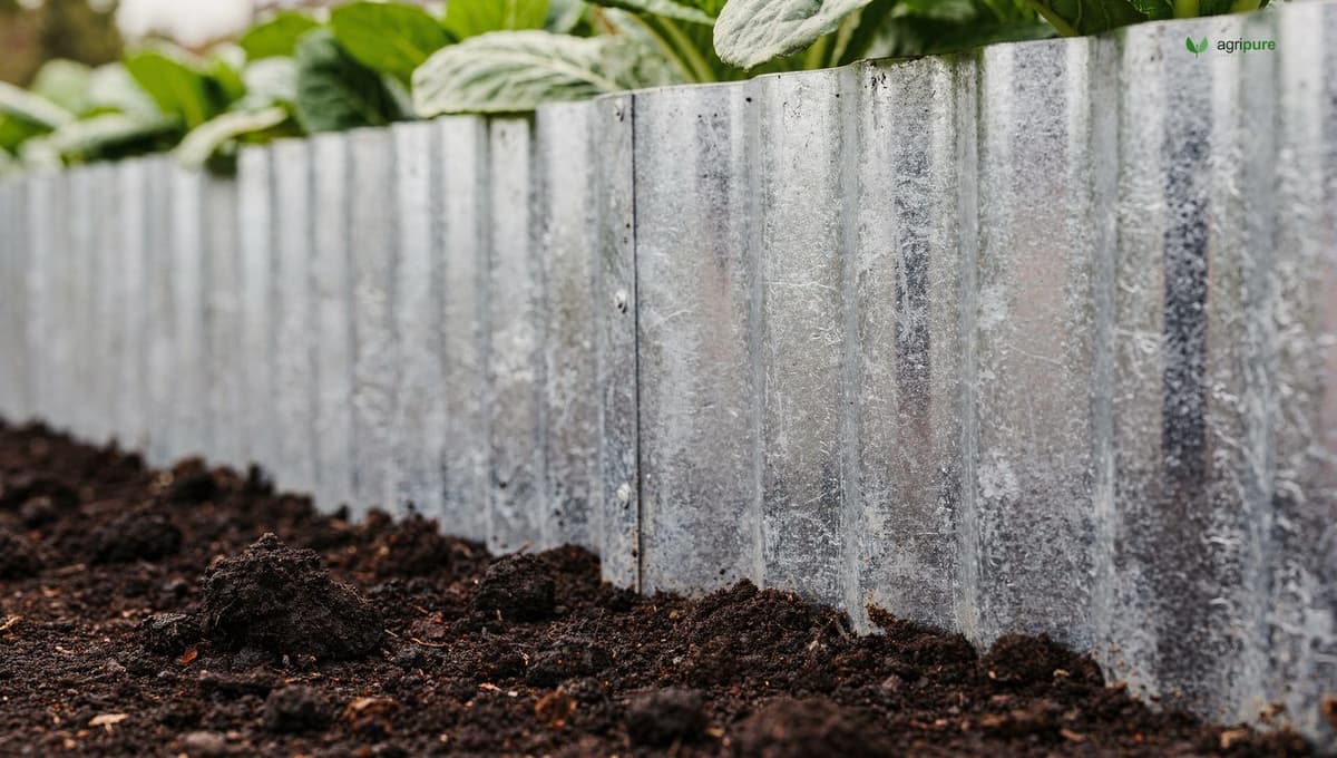 A close-up of a corrugated galvanized steel raised bed wall meeting dark garden soil, the silver zinc surface and wavy ribs visible, planted with greens behind
