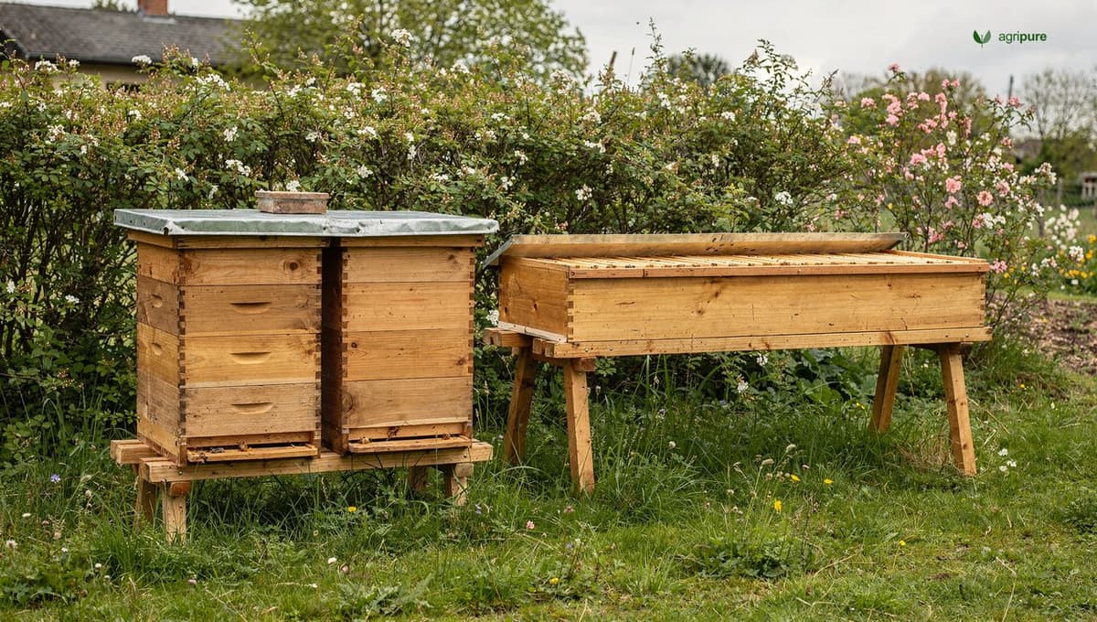 A wooden stacked Langstroth hive standing beside a long horizontal top-bar hive on legs at a comfortable working height, on a grassy homestead edge, no people