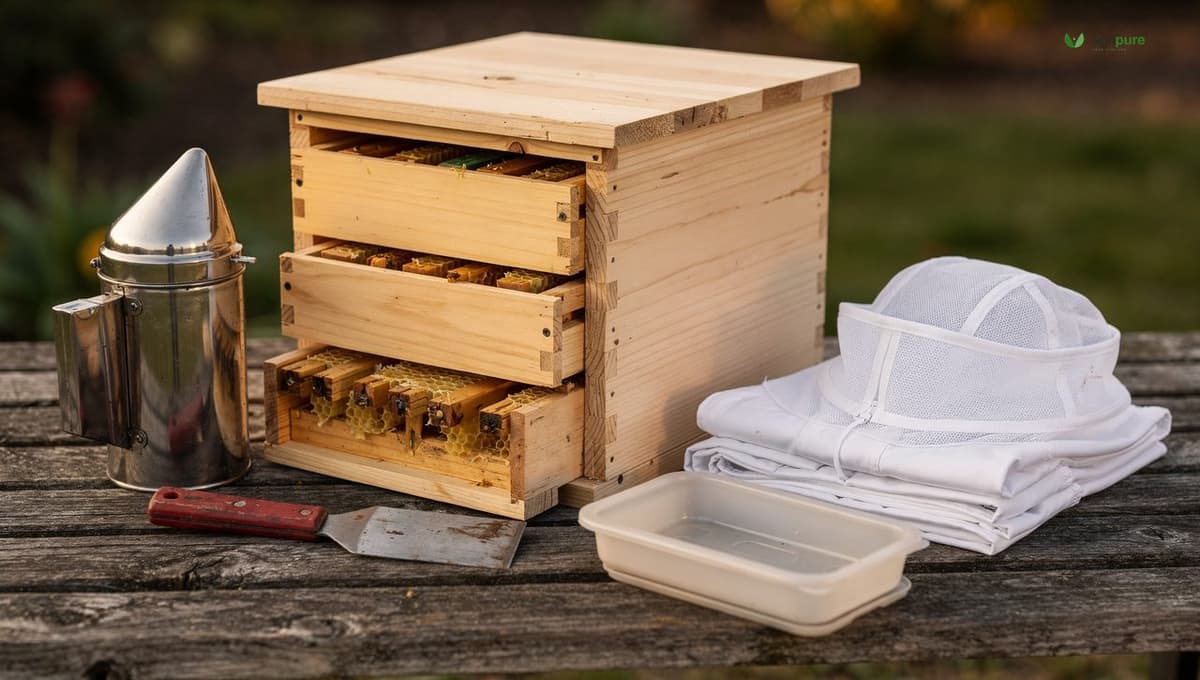 A beginner beekeeping kit laid out on a wooden bench: a stacked Langstroth hive box with frames, a stainless smoker, a flat hive tool, a feeder, and a folded ventilated bee suit, no people