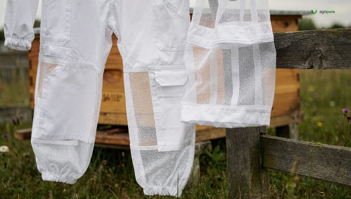 A white ventilated full-body beekeeping suit with a fencing-style veil hood hung on a wooden post beside a hive, showing the mesh fabric and elastic cuffs, no people