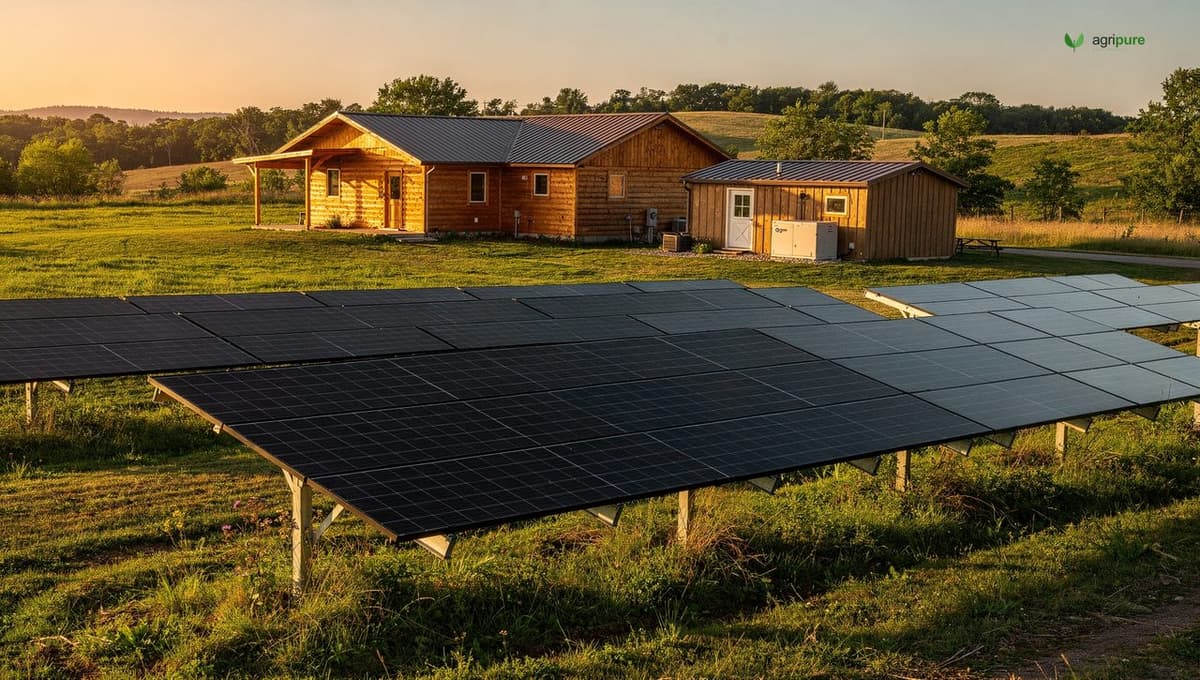 A ground-mounted solar array on a rural homestead at golden hour, rows of panels angled toward the sun with a farmhouse and a backup generator shed behind