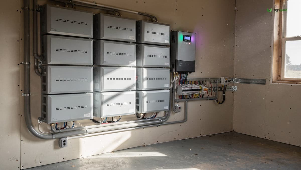A wall-mounted lithium battery bank wired to an inverter-charger in a homestead utility room, with conduit running up toward roof solar panels