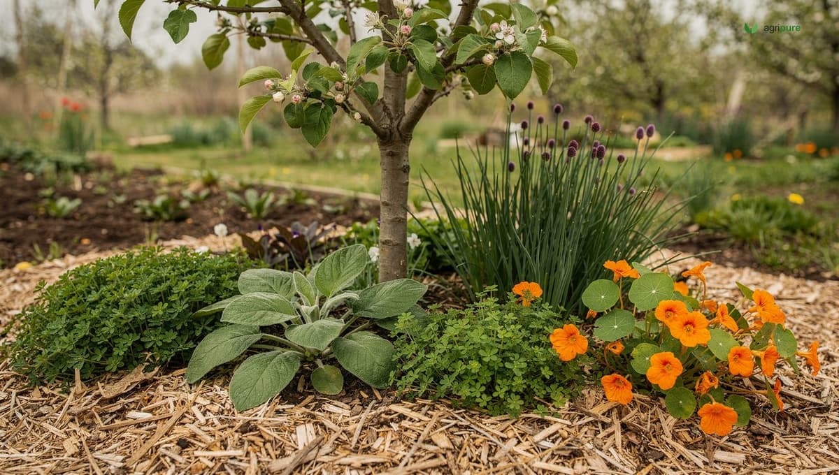 A young fruit tree underplanted with comfrey, chives, clover, and flowers in a permaculture guild over mulch