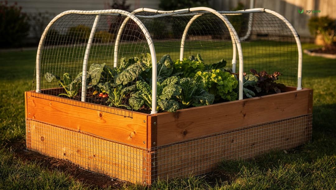 A cedar raised bed enclosed with tall hoops and deer netting over the top and hardware cloth around the lower sides, protecting leafy greens