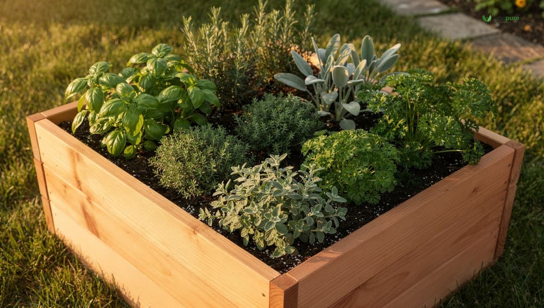 A small square cedar raised herb bed densely planted with basil, thyme, rosemary, parsley, sage, and oregano in tidy blocks