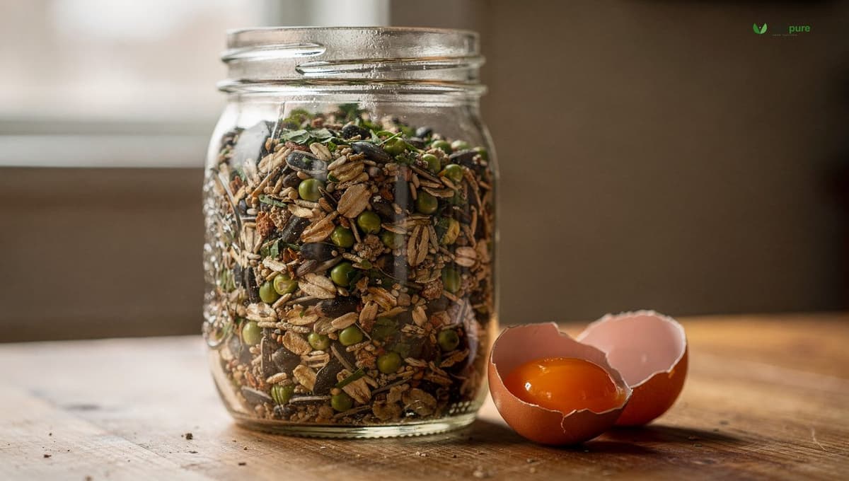 A clear jar of scratch-and-peck style whole-grain layer feed - peas, oats, sunflower seed, sea kelp, kelp meal - beside a brown egg with deep orange yolk