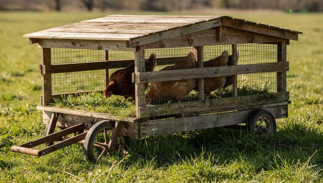 A low portable wooden chicken tractor on green grass with chickens inside, ready to be moved to fresh pasture