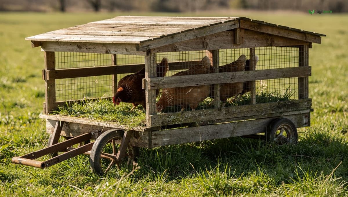 A low portable wooden chicken tractor on green grass with chickens inside, ready to be moved to fresh pasture