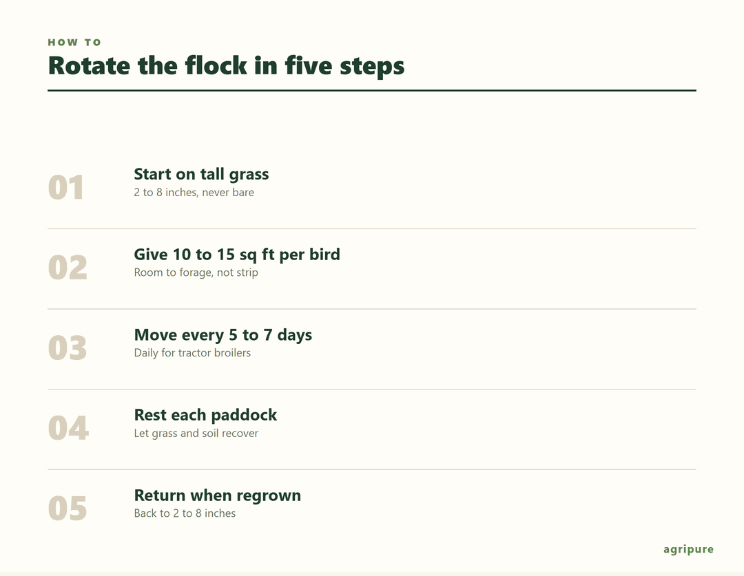 Rotate pastured chickens in five steps: start on tall grass, give 10 to 15 square feet per bird, move every 5 to 7 days, rest each paddock, then return