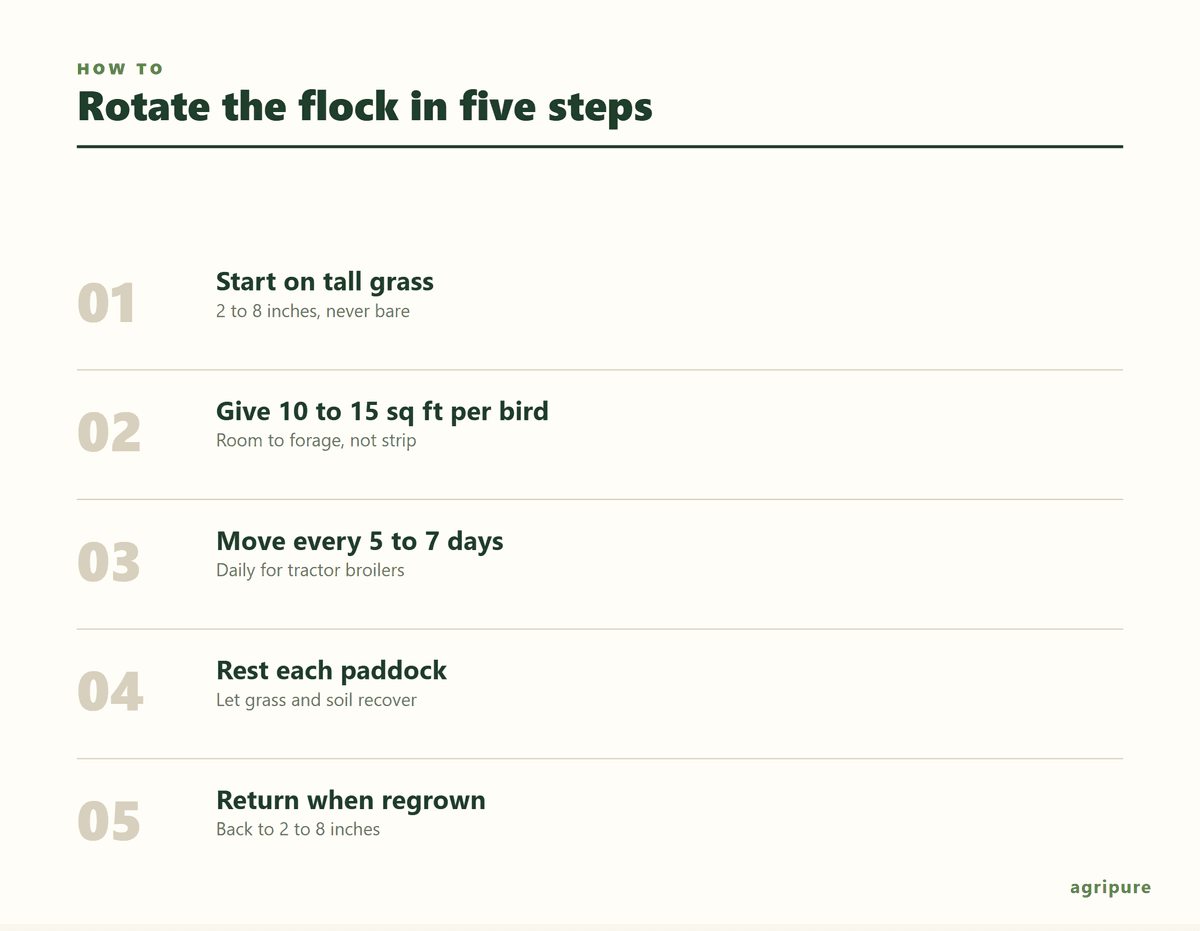 Rotate pastured chickens in five steps: start on tall grass, give 10 to 15 square feet per bird, move every 5 to 7 days, rest each paddock, then return