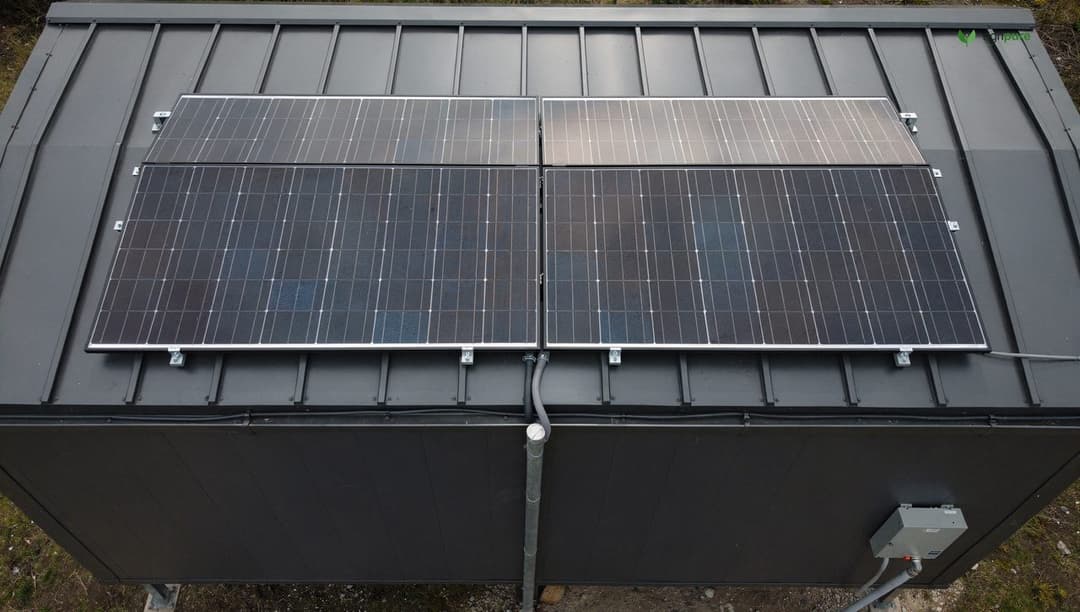 Two 300 W panels mounted flush on a tiny-house metal roof, conduit running to a side-wall electrical bay