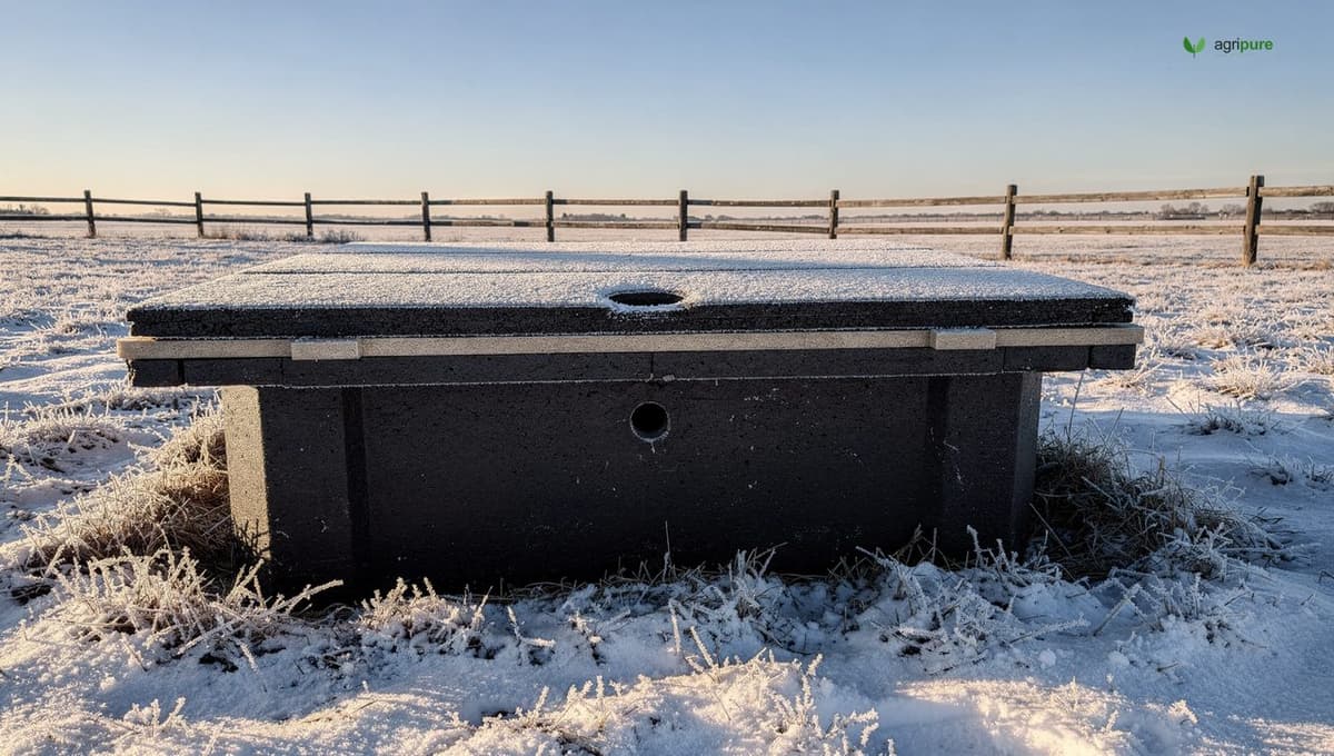 A dark insulated stock tank boxed in foam board with an insulated lid and a small drinking opening, sitting in winter sun on a snowy pasture, no people