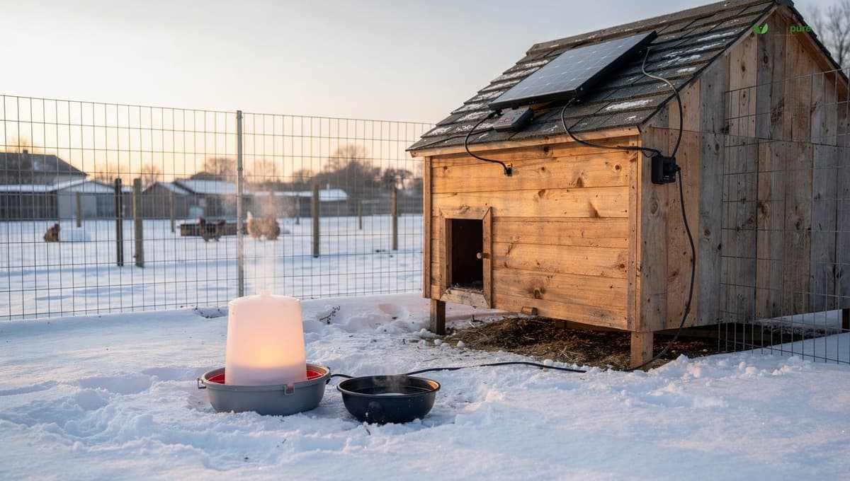 A heated poultry waterer and a small dark water bowl in a snowy chicken run beside a coop, a compact solar panel on the coop roof, winter morning, no people