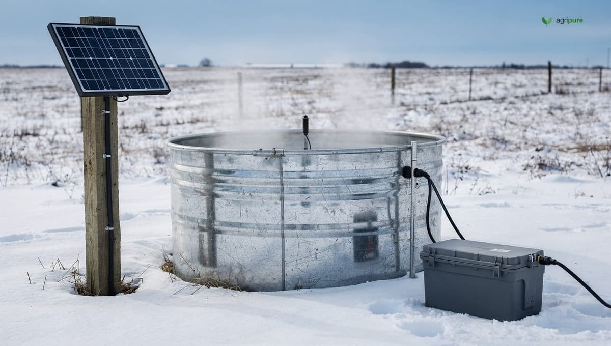 A solar panel on a post beside a livestock water tank wired to a sealed battery box and a submersible de-icer, snowy off-grid pasture, winter daylight, no people