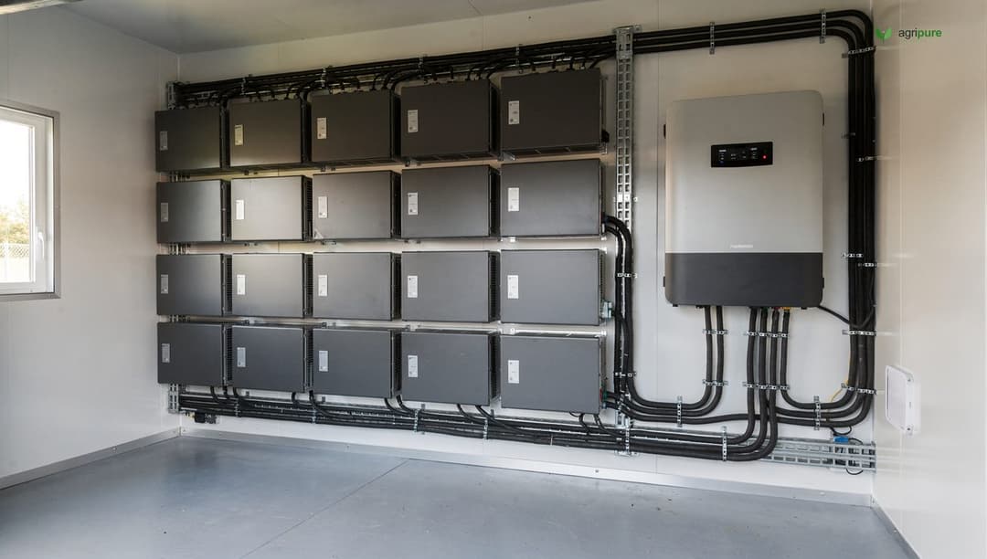 A wall of lithium battery modules and an inverter mounted in a clean off-grid power shed