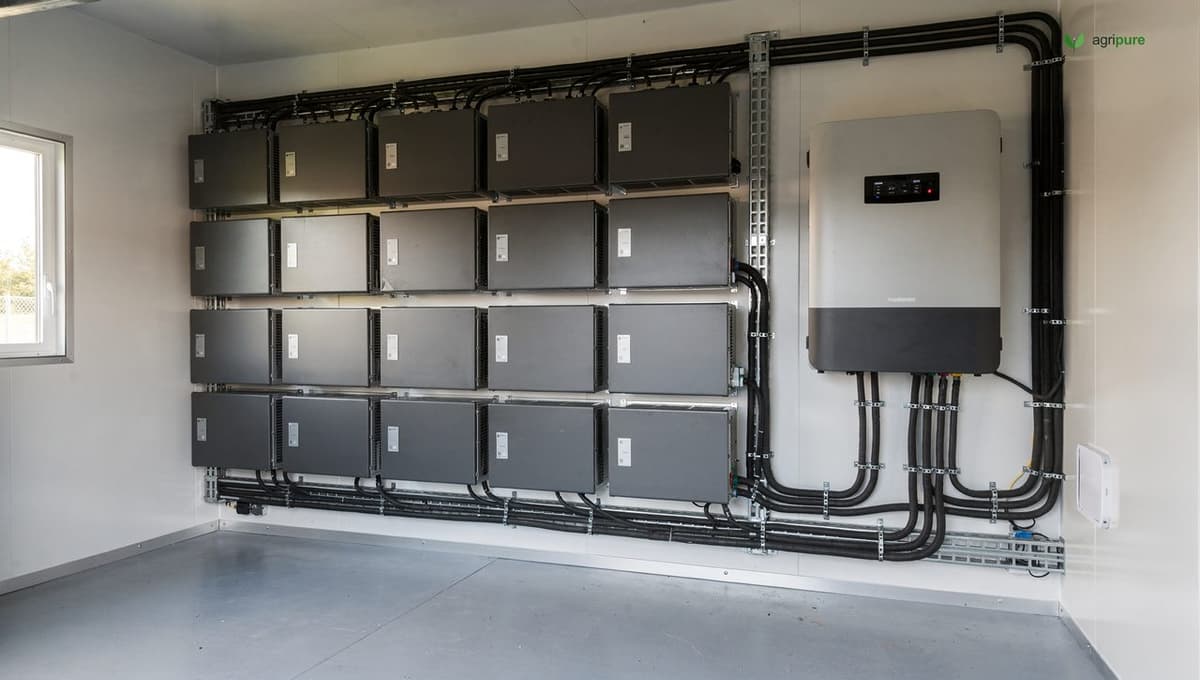 A wall of lithium battery modules and an inverter mounted in a clean off-grid power shed