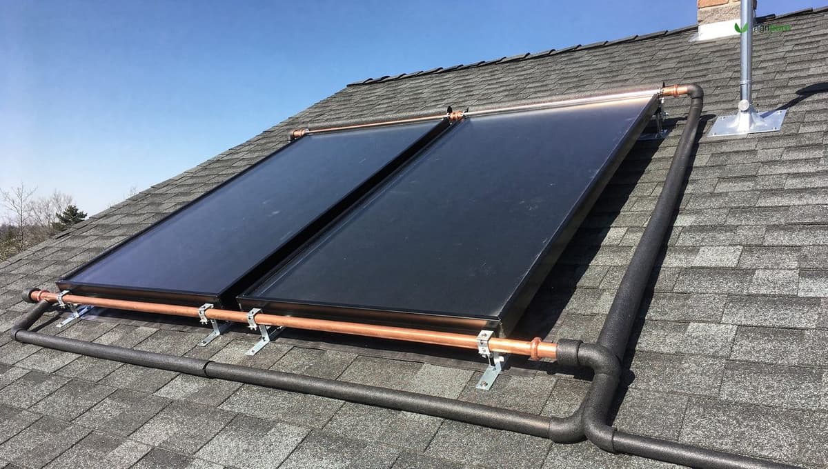 A rooftop solar water heating collector array on a residential roof, dark flat-plate panels angled toward the sun with copper plumbing headers, no people