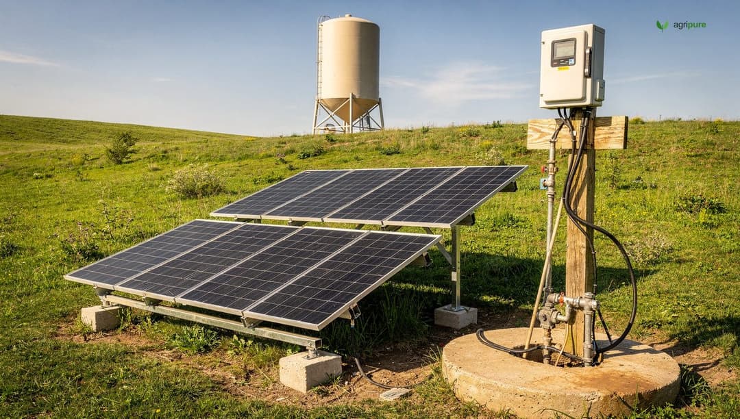 A small ground-mounted solar array of several panels beside a homestead wellhead, wiring running to a pump controller box, green field and a storage tank behind