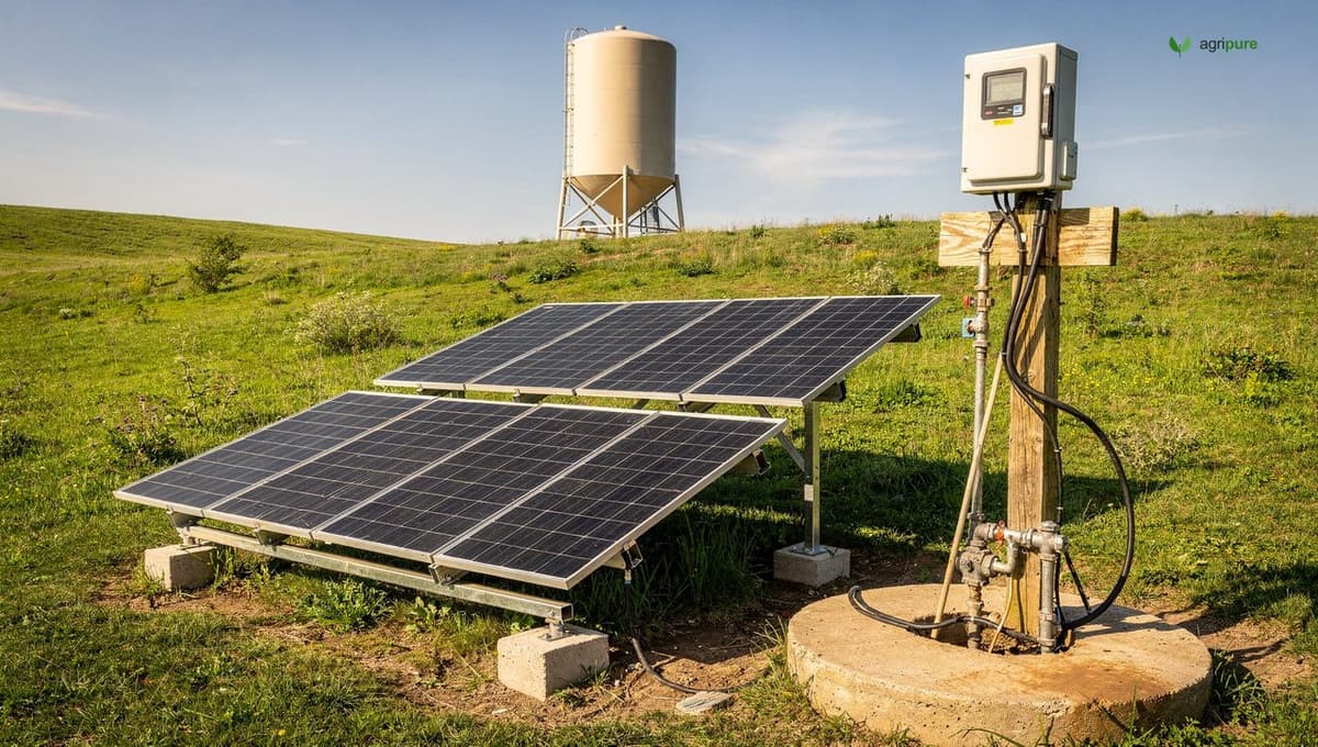 A small ground-mounted solar array of several panels beside a homestead wellhead, wiring running to a pump controller box, green field and a storage tank behind