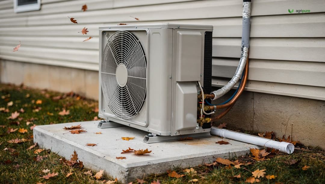 An air-source heat pump outdoor unit mounted on the side of a North American home in autumn, visible refrigerant lines and condensate drain