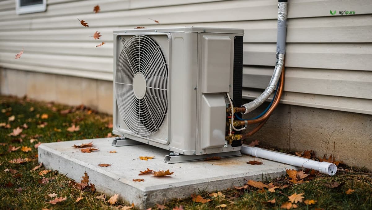 An air-source heat pump outdoor unit mounted on the side of a North American home in autumn, visible refrigerant lines and condensate drain
