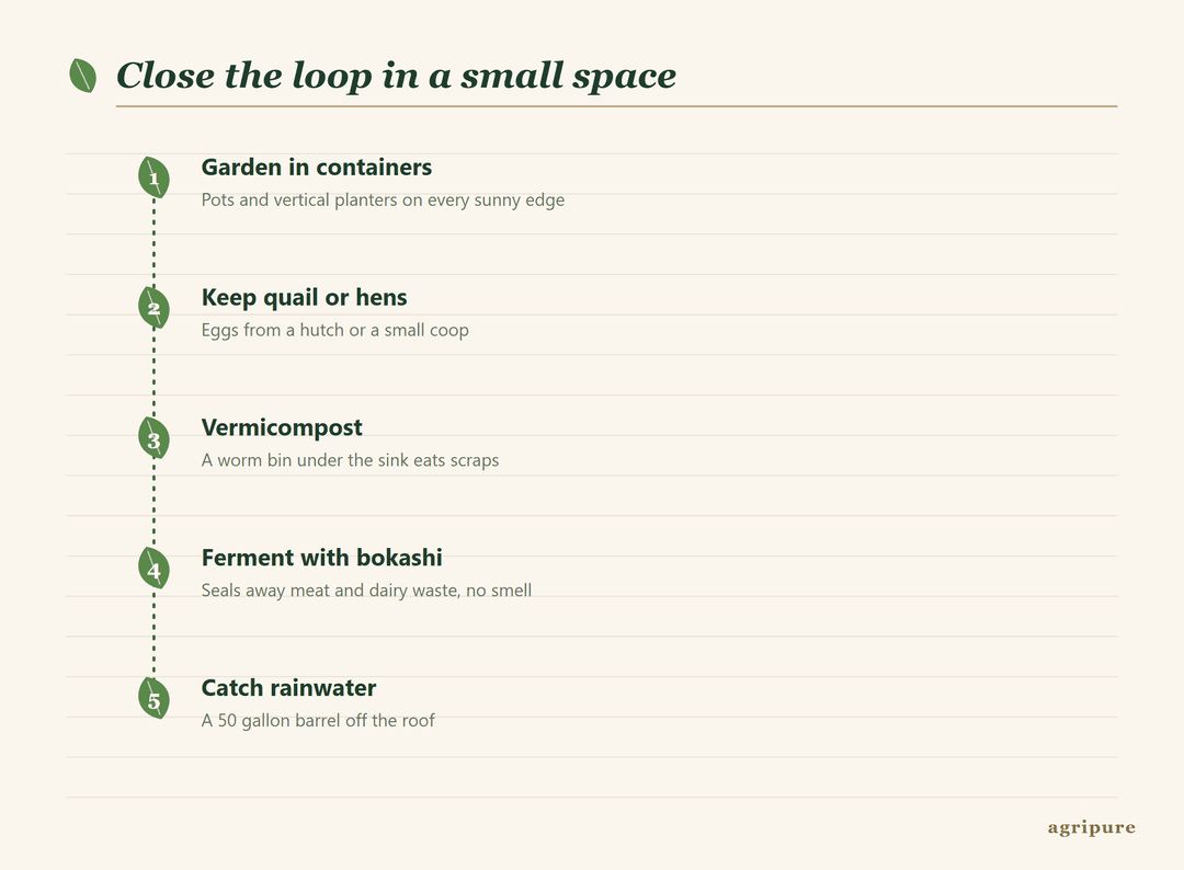 Five small-space steps: garden in containers, keep quail or hens, vermicompost under the sink, ferment with bokashi, and catch rainwater