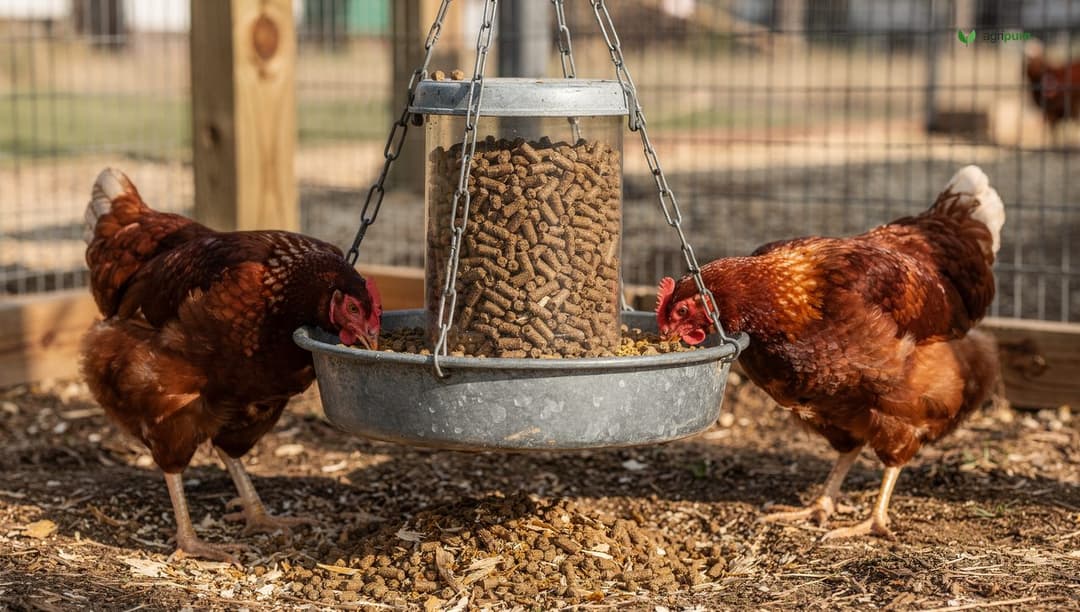 A galvanized hanging tube feeder full of brown layer pellets inside a backyard run with two hens feeding from it, wood shavings on the ground