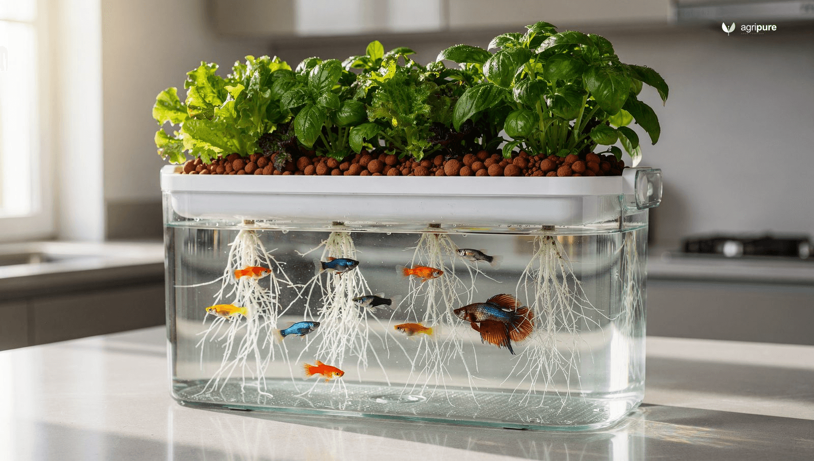 A glass aquarium on a kitchen counter growing herbs and lettuce above colorful ornamental fish in a compact aquaponics setup