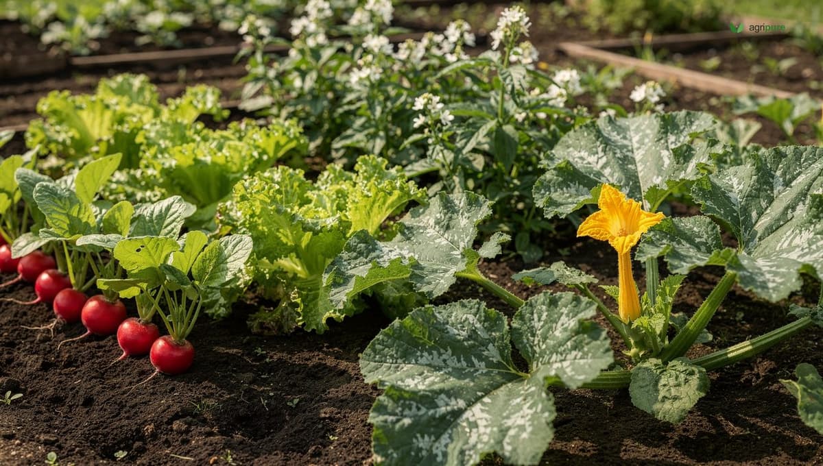A beginner vegetable bed with rows of red radishes, leaf lettuce, bush beans, and a sprawling zucchini plant ready to harvest in summer light