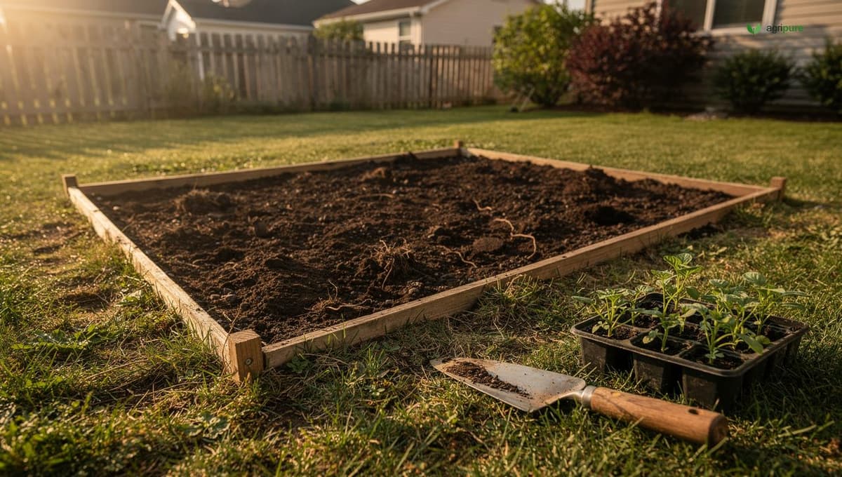 A first-time gardener's sunny backyard corner marked out for a new vegetable bed, morning light falling across bare soil and a few seedling trays