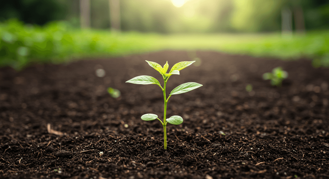 A healthy young nitrogen-fixing tree seedling growing in dark, fertile organic soil.