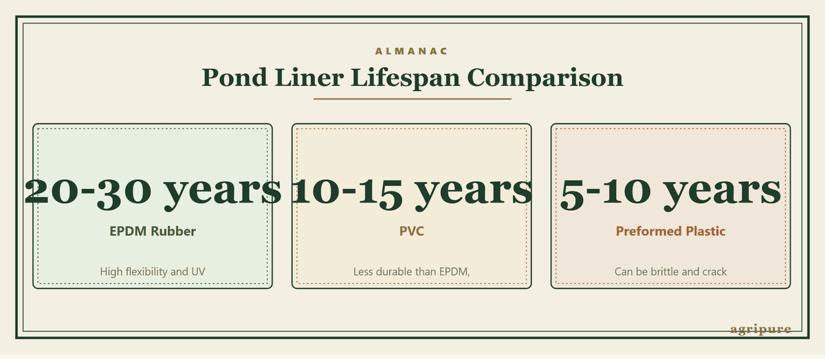 Infographic comparing the typical lifespan of different pond liner materials.