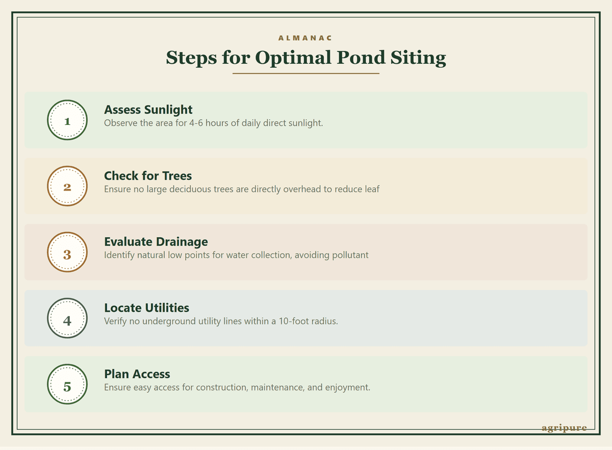 Infographic outlining key steps to choose the best location for a backyard pond.
