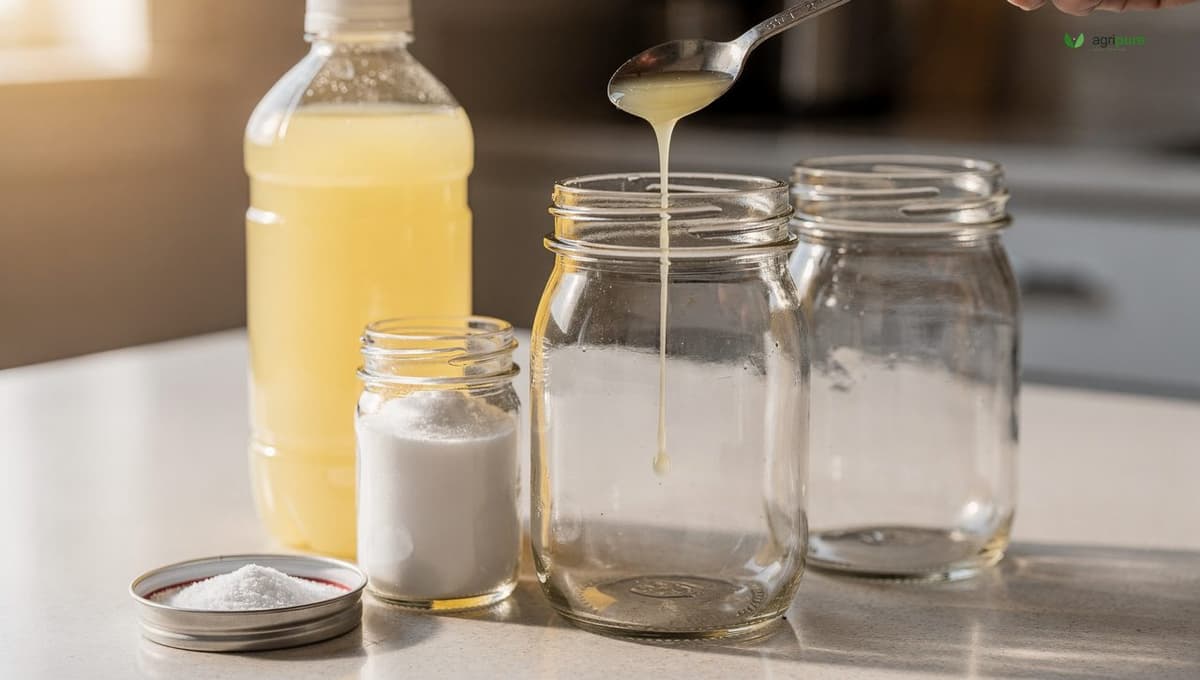 Bottled lemon juice and citric acid powder beside empty mason jars on a kitchen counter, with a measuring spoon showing the correct amount for acidifying canning jars