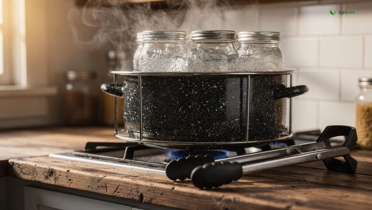 A water-bath canner on a gas stove with mason jars on the rack inside, steam rising from the boiling water, and a jar lifter resting on the counter beside it