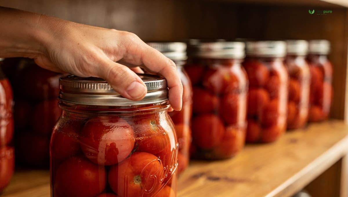 A home canner pressing on a mason jar lid to check the seal after cooling, with a row of sealed jars lined up behind her on a wooden shelf