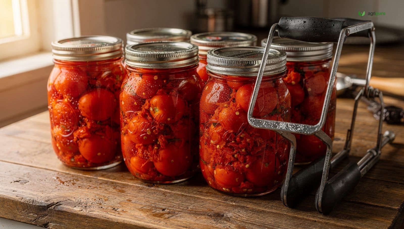 Rows of sealed mason jars filled with bright red whole and crushed tomatoes cooling on a wooden countertop after water-bath processing